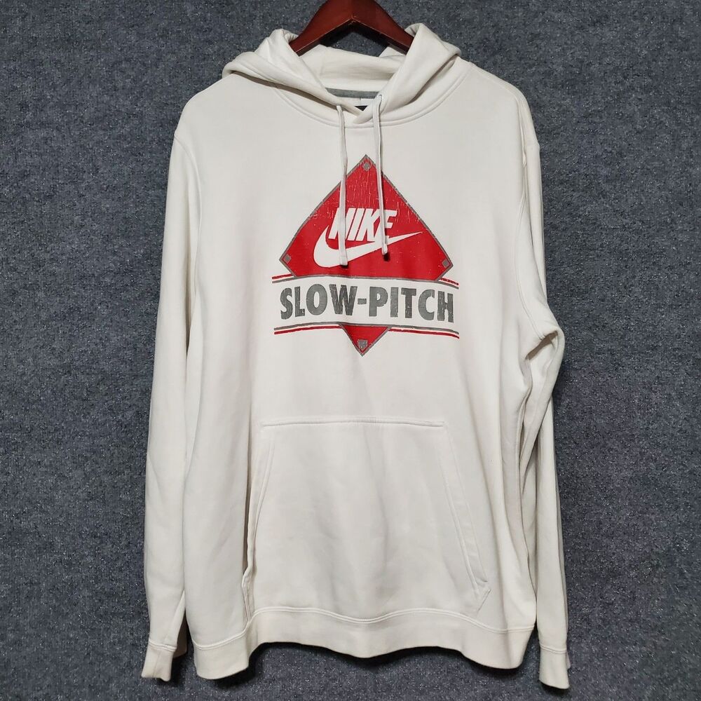 Nike Club Fleece Slow Pitch Sweatshirt Hoodie Mens XL White Center Swoosh Plate